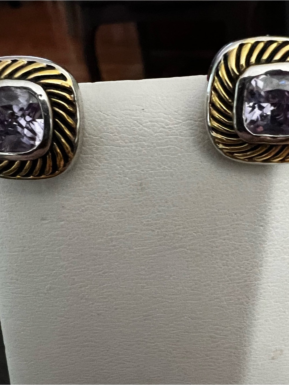 Two-Tone Gold & Silver Stud Earrings with Light Purple Gemstones - Picture 6 of 8